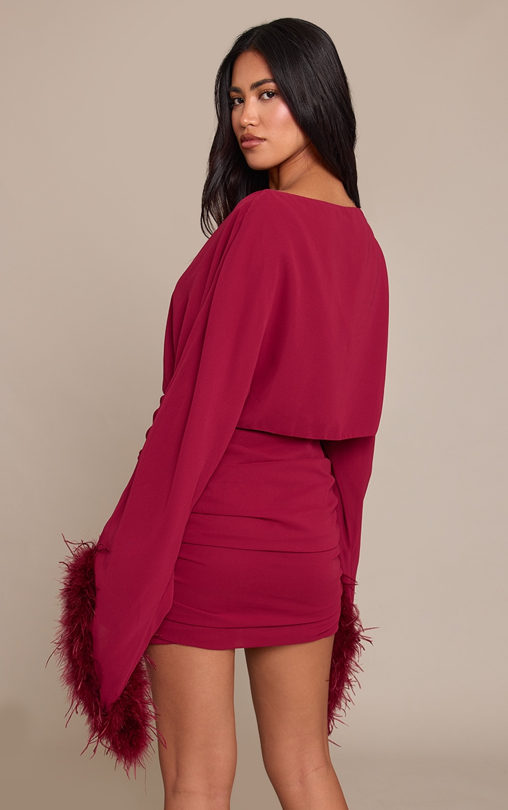 Wine Extreme Feather Cuff Ruched Bodycon Dress image 2