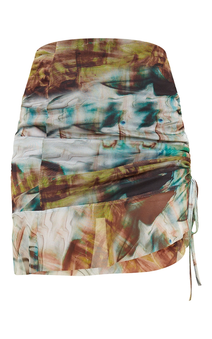 Green Print Mesh Ruched Tie Side Frill Hem Mini Skirt image 6