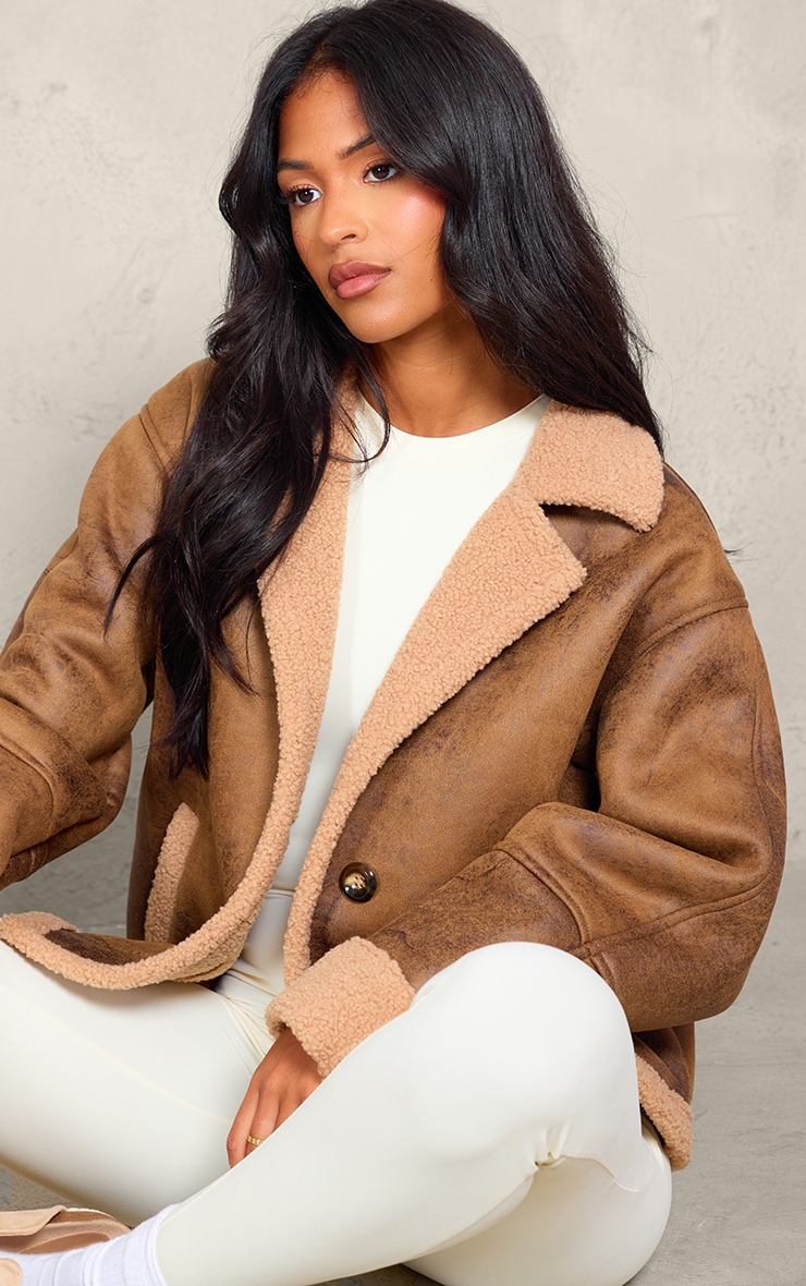 Tall Brown Distressed Look Faux Leather Borg Lined Aviator Jacket image 4