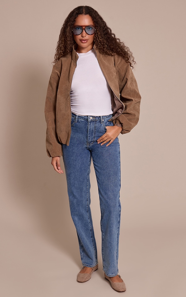 Jean Droit Taille Haute Délavage Bleu Moyen Coupe Longue