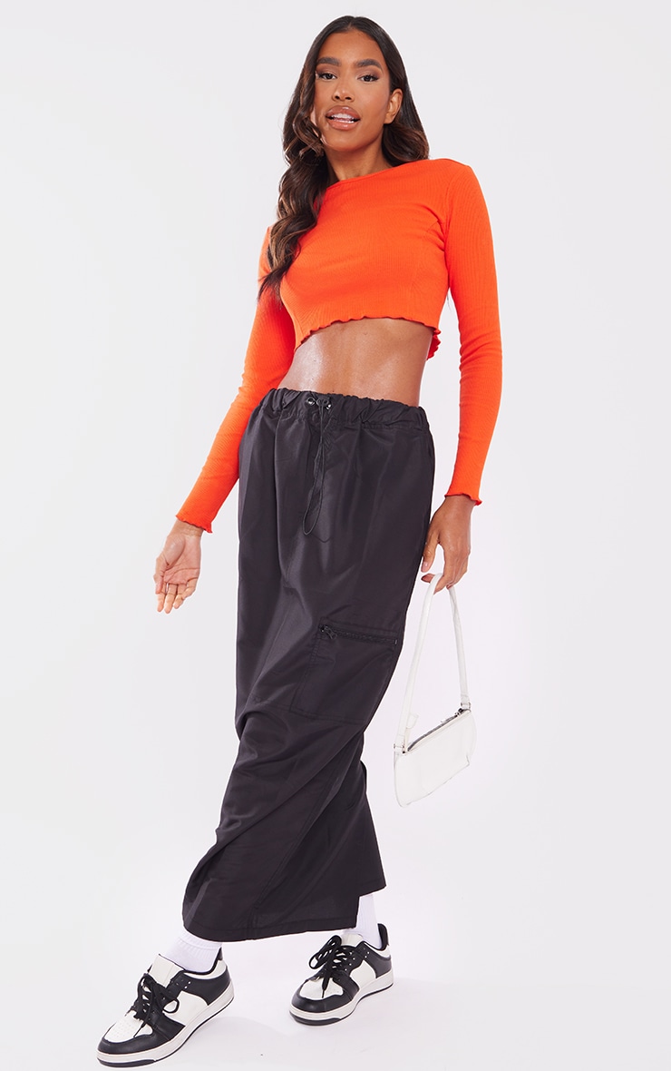 Hot Orange Seam Detail Rib Long Sleeve Crop image 2