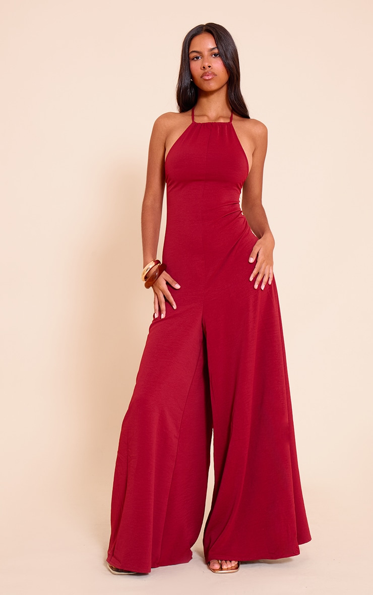 Petite Deep Red Floaty Woven Backless Extreme Wide Leg Jumpsuit image 1