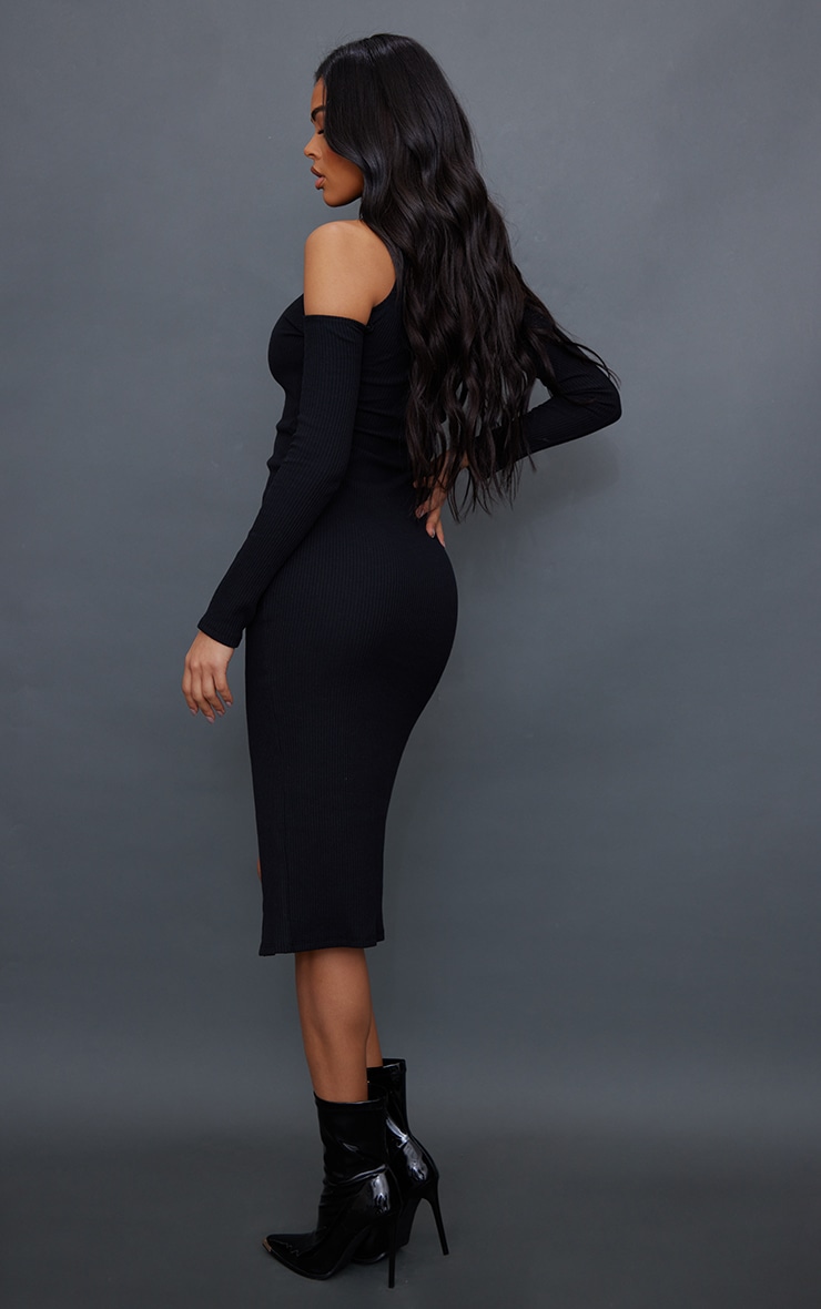 Black Rib Cold Shoulder Split Detail Midaxi Dress image 2