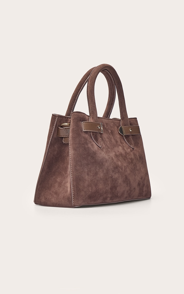 Chocolate Faux Suede Gold Hardware Hand Bag image 3