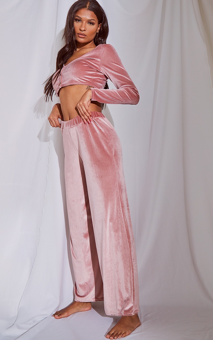 Blush Velvet Crop Button Up Long Lounge Set