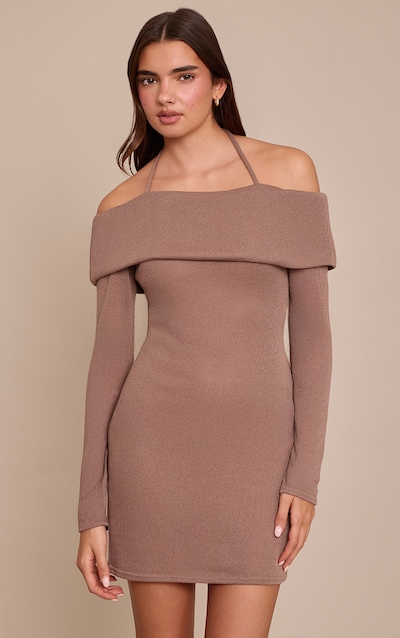 Taupe Textured Jersey Bardot Mini Dress