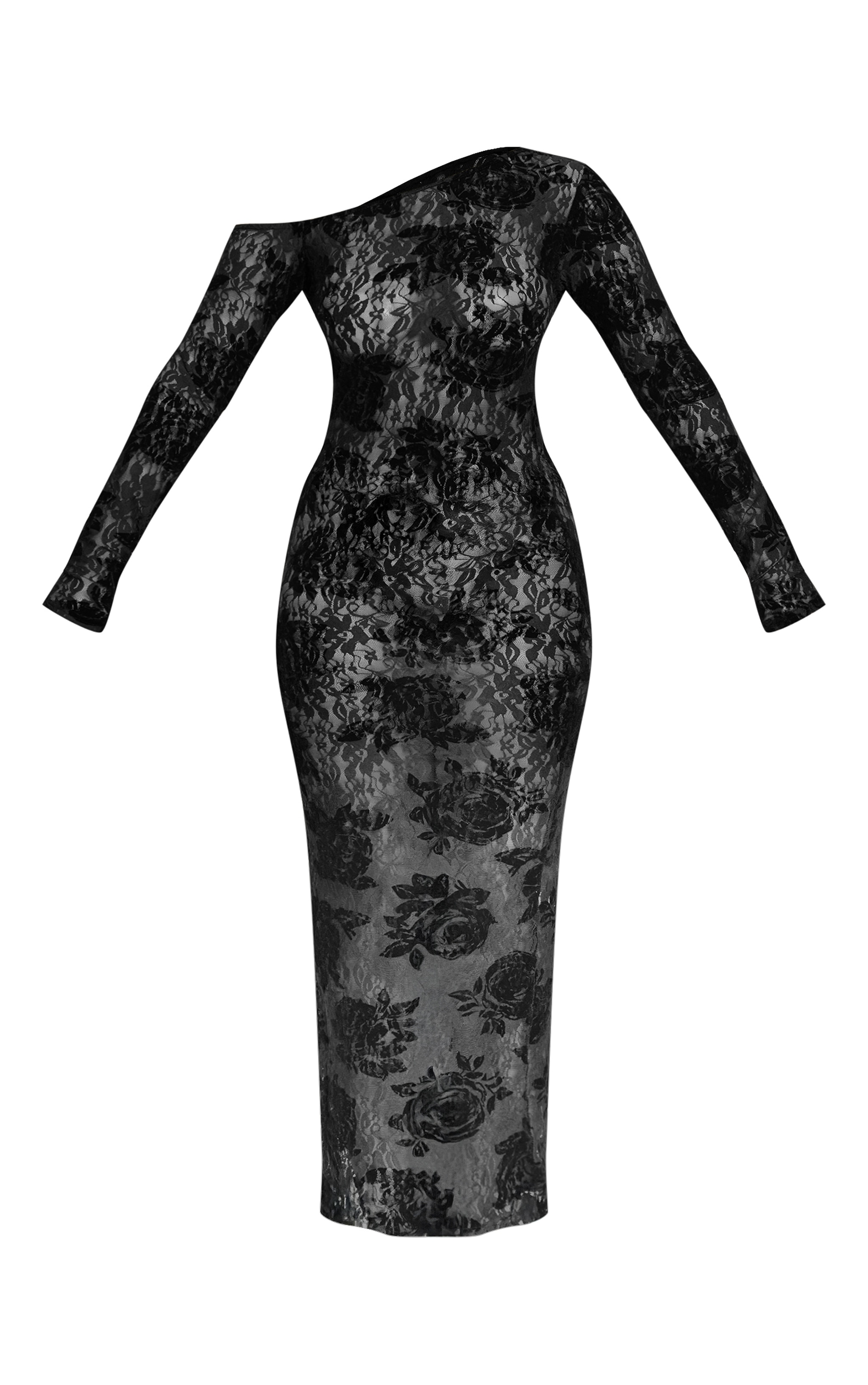 Shape Black Flocked Lace Long Sleeve Maxi Dress image 5