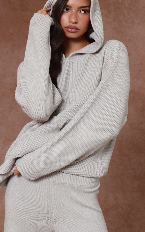 Grey Knitted Slouchy Hoodie