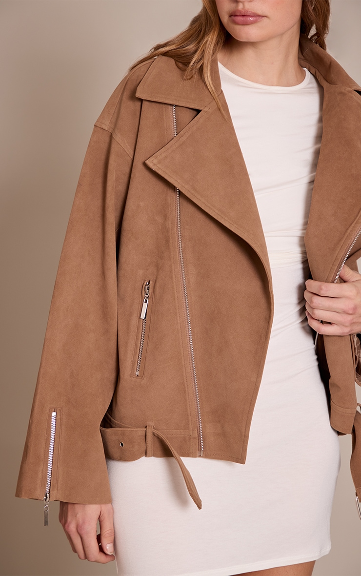 Camel Faux Suede Oversized Biker Jacket image 4