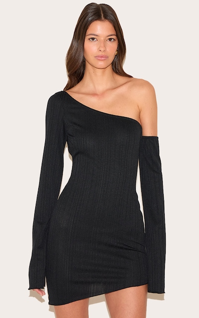 Mini robe asymétrique texturée noire à manches longues