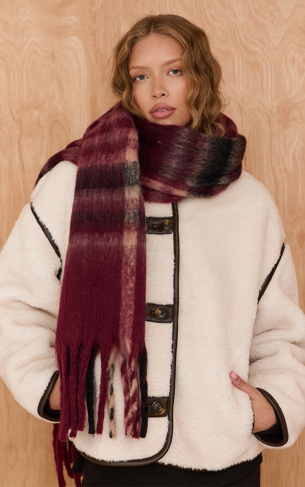 Burgundy Plaid Tassel Scarf