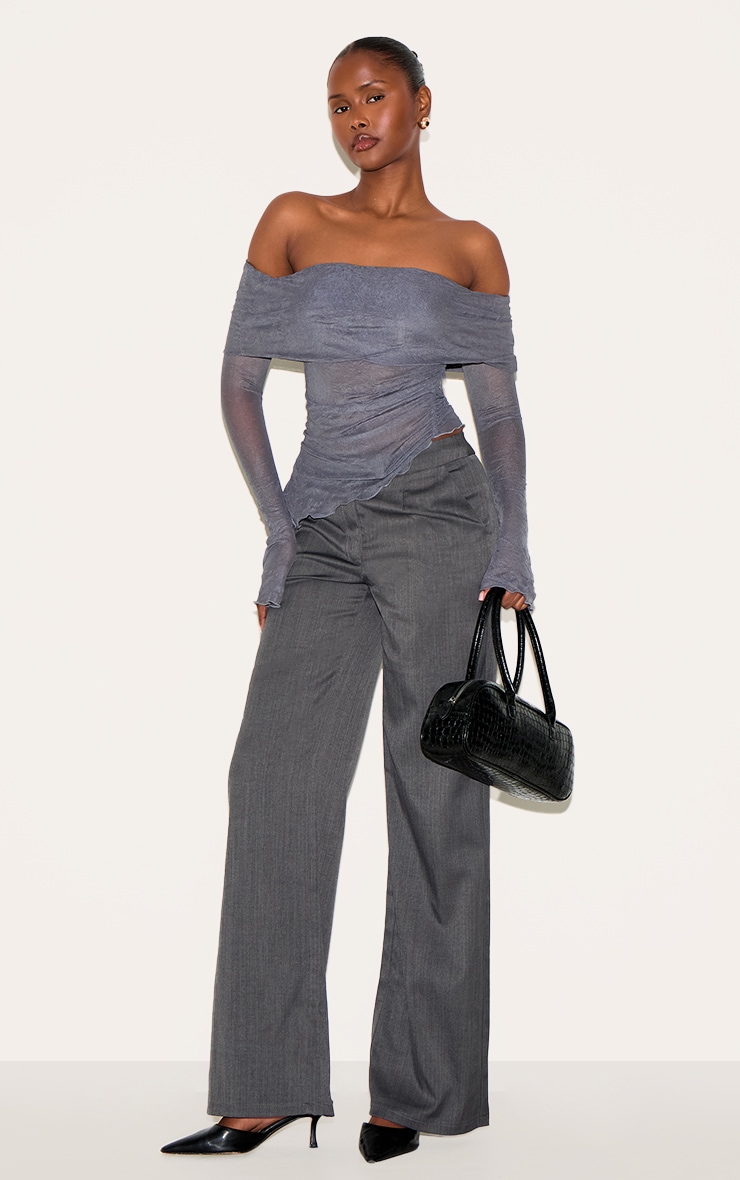 Charcoal Crinkle Mesh Fold Over Detail Bardot Long Sleeve Top image 3