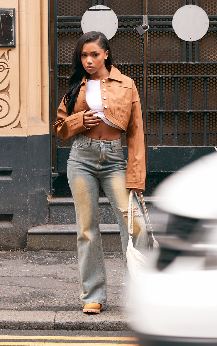 Brown Faux Leather Western Detail Curved Hem Jacket image 3