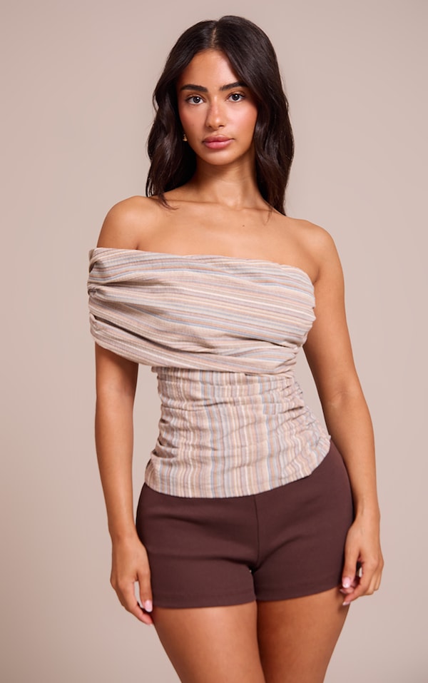 Petite Multi Stripe Ruched One Shoulder Top
