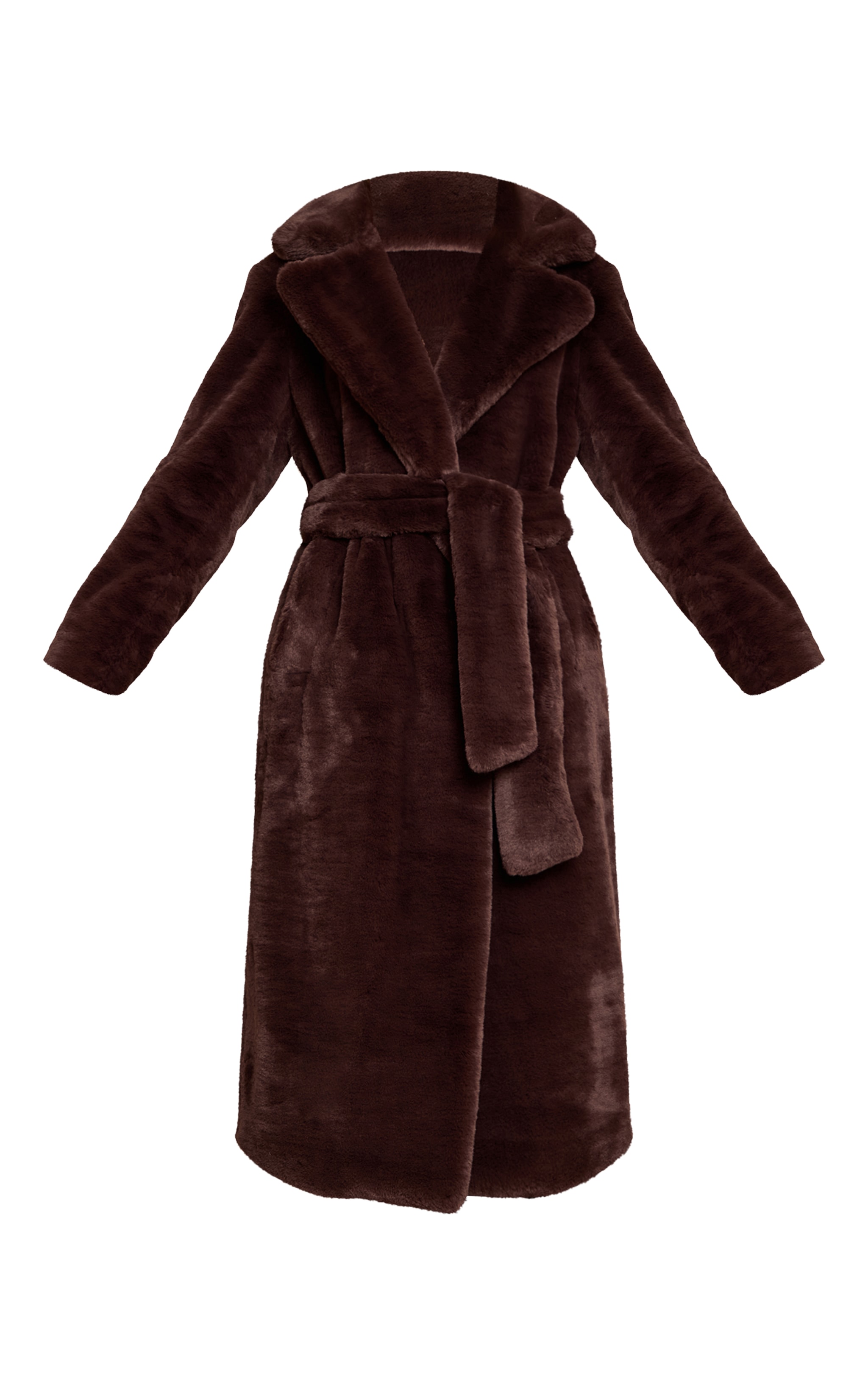 Manteau long en fausse fourrure chocolat à taille nouée image 5