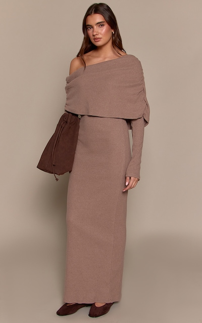 Taupe Ribbed Bardot Oversized Fold Over Maxi Dress