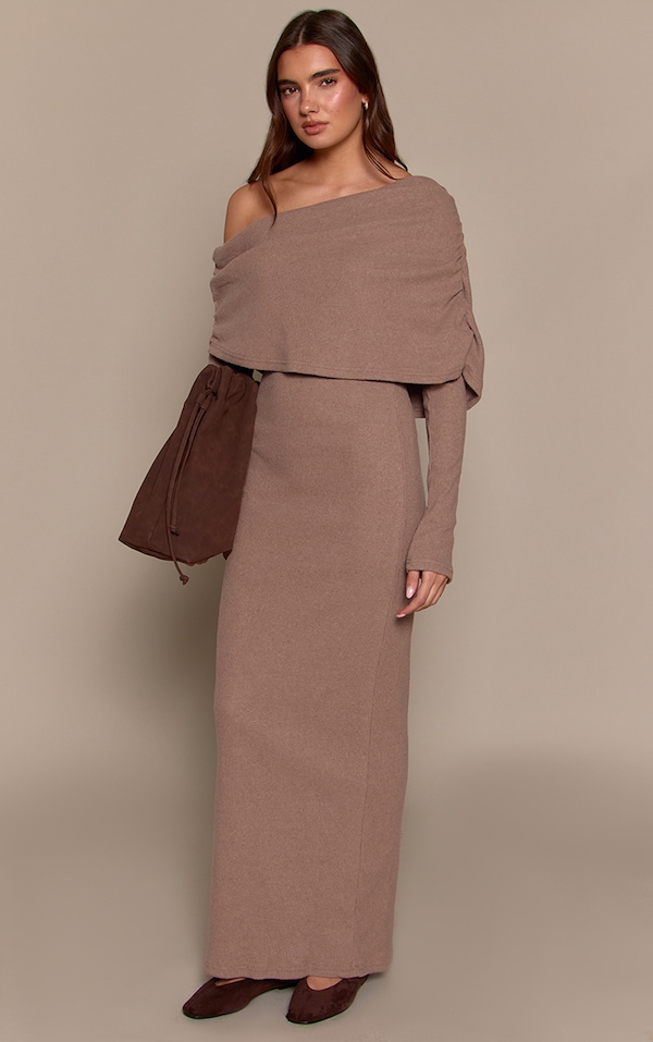 Taupe Ribbed Bardot Oversized Fold Over Maxi Dress