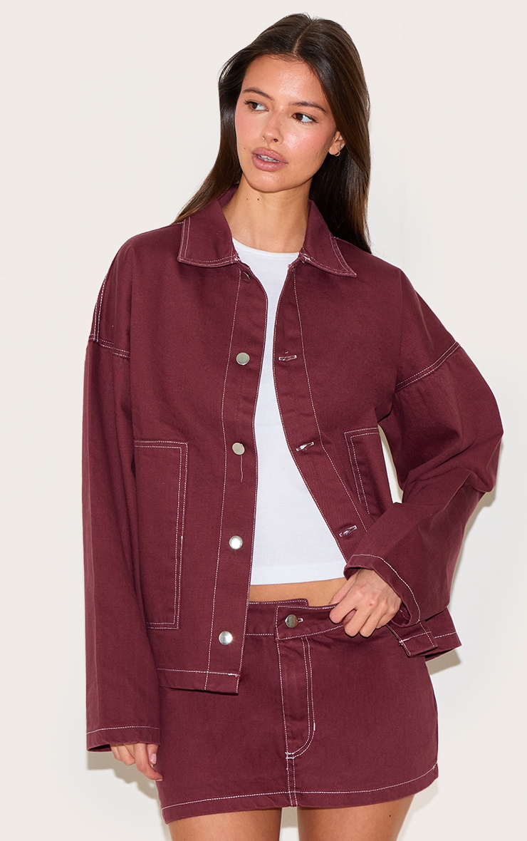 Burgundy Contrast Stitch Pocket Patch Detail Denim Shirt image 4