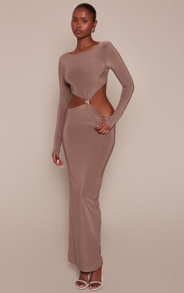 Taupe Double Layer Slinky Long Sleeve Trim Detail Maxi Dress