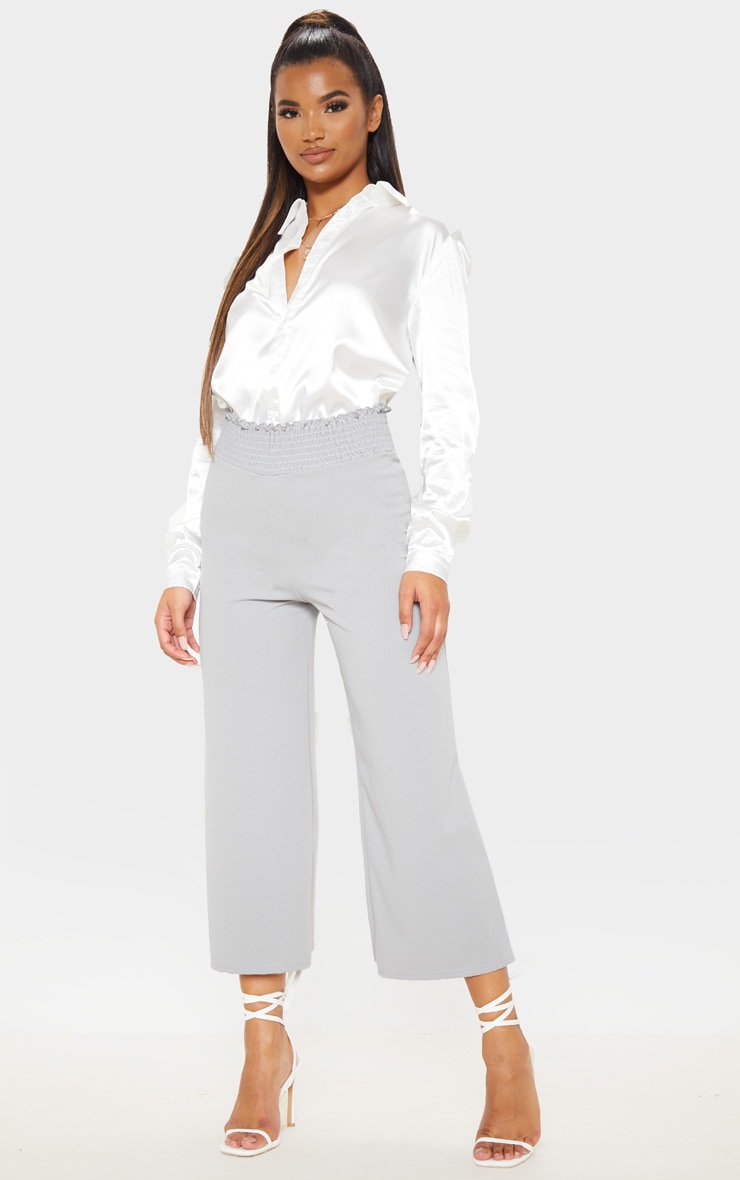 Grey Crepe Shirred Waist Wide Leg Culotte