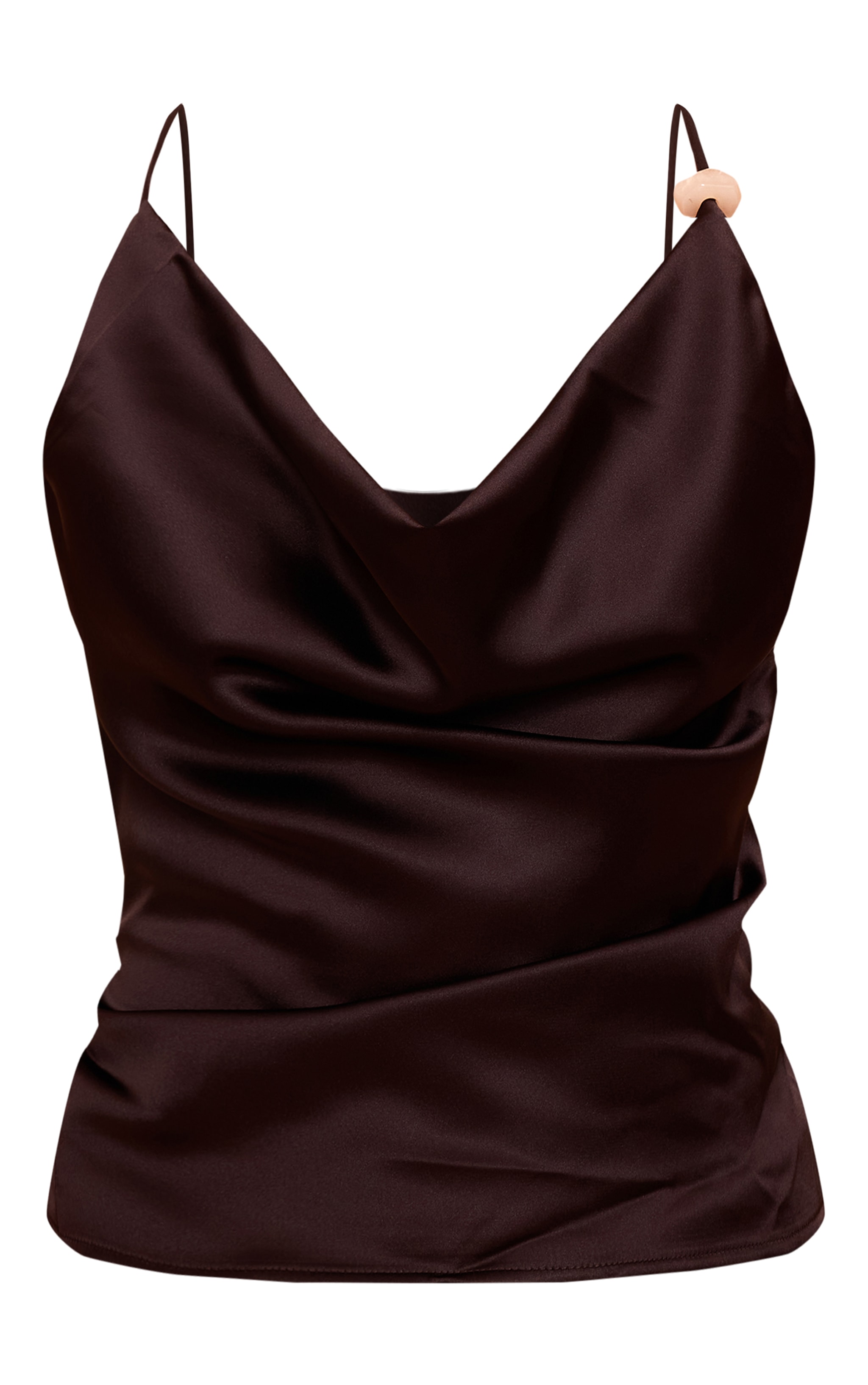 Chocolate Satin Bead Detail Cowl Neck Top image 5