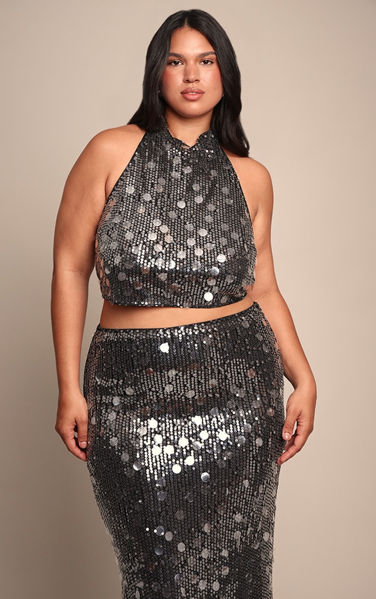 Plus Black Sequin High Neck Scoop Back Crop Top image 1