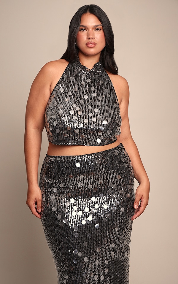 Plus Black Sequin High Neck Scoop Back Crop Top 