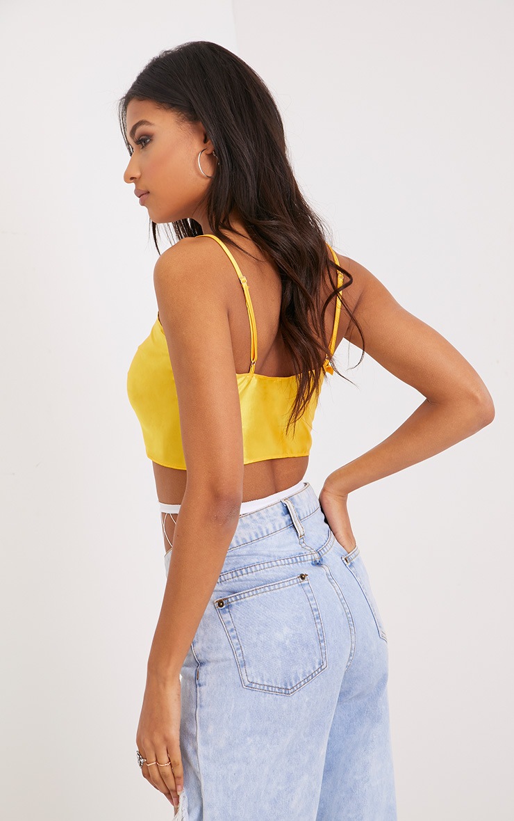 Chrissy Yellow Satin Bow Tie Crop Top Tops PrettyLittleThing