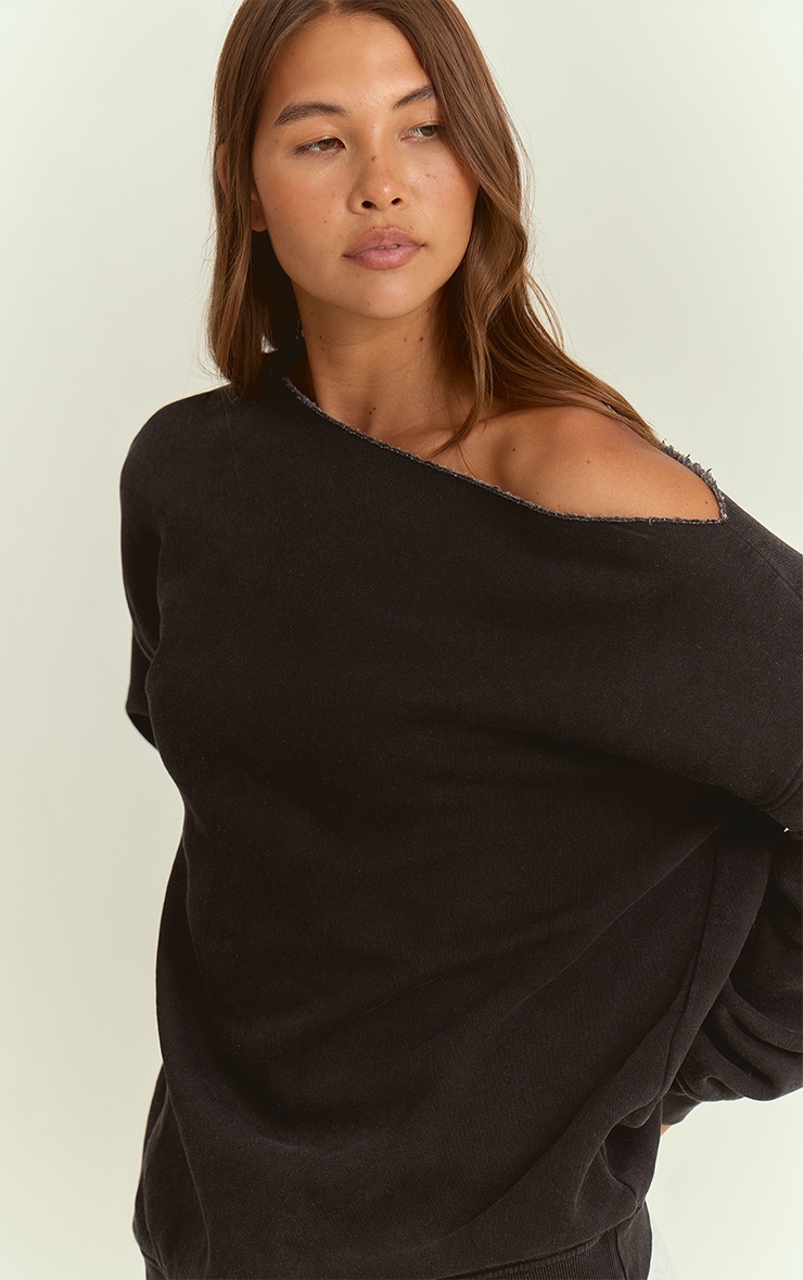 Charcoal Acid Wash Oversized Off Shoulder Sweatshirt image 4