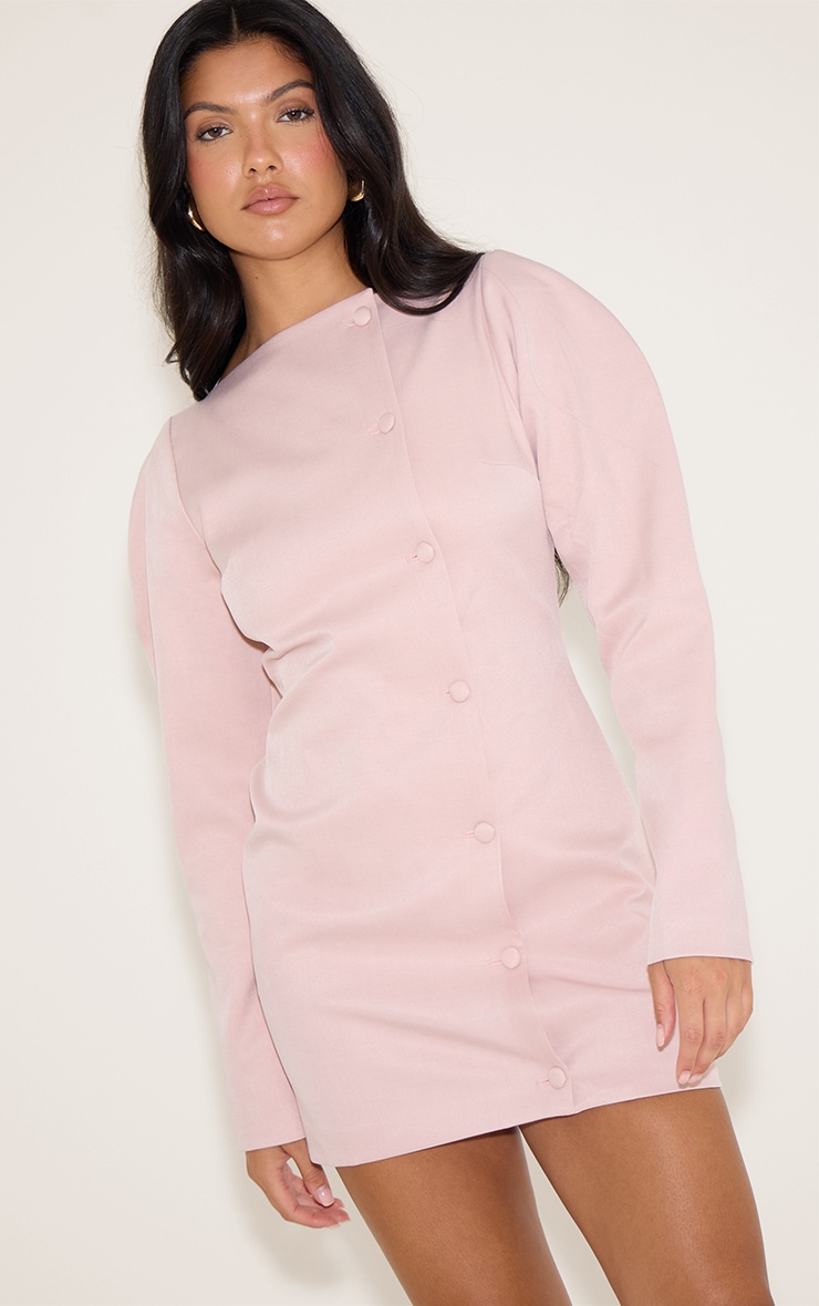 Pale Pink Woven Slash Neck Button Detail Mini Dress image 1