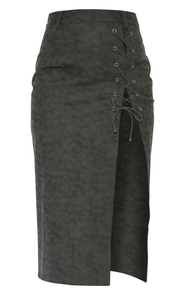 Washed Grey Faux Leather Lace Up Skirt Bottoms PrettyLittleThing(01)