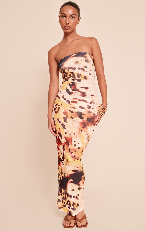 Robe bustier longue texturée jaune imprimé abstrait