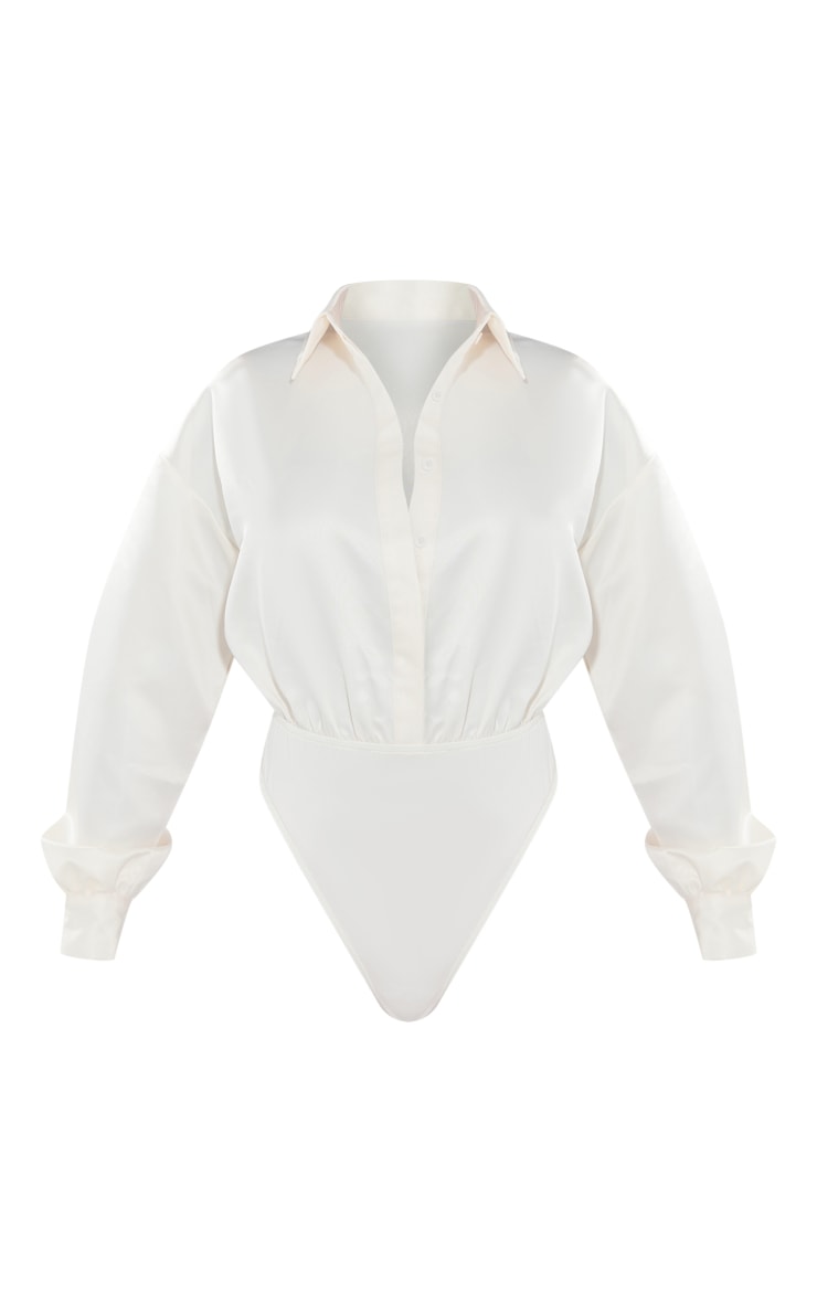 Cream Structured Satin Shirt Detail Bodysuit image 4