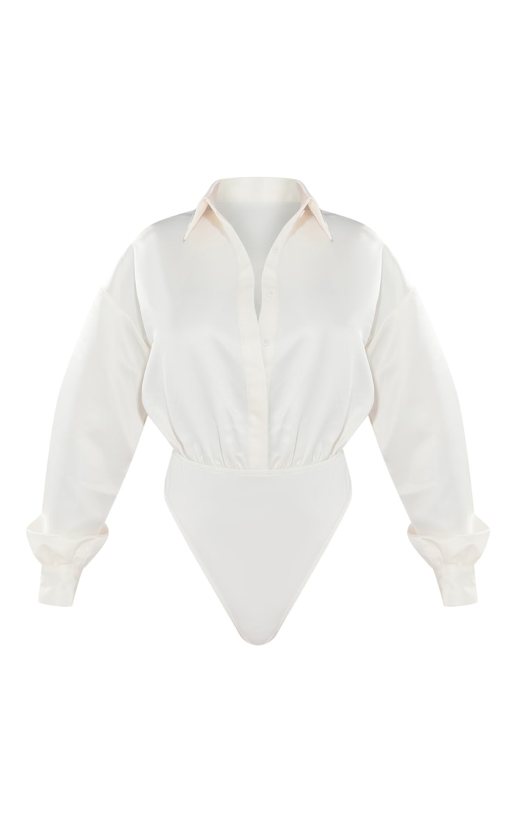 Cream Structured Satin Shirt Detail Bodysuit image 6