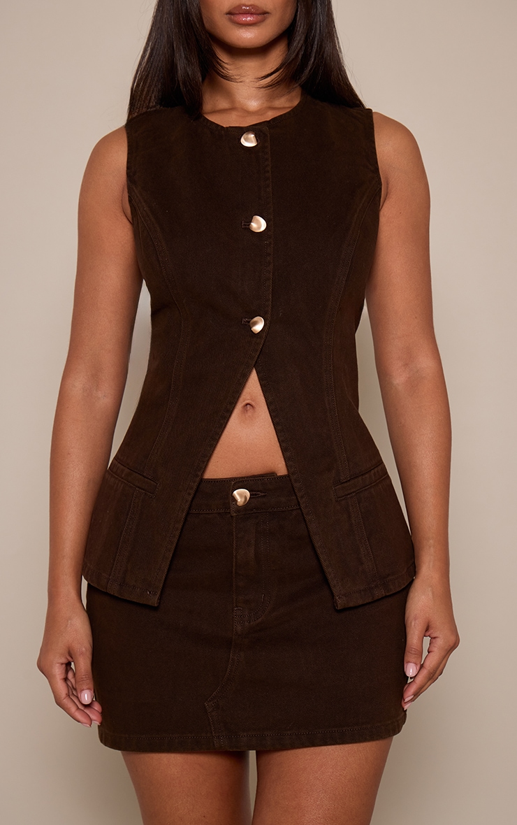 Petite Dark Chocolate Button Detail Denim Mini Skirt image 2