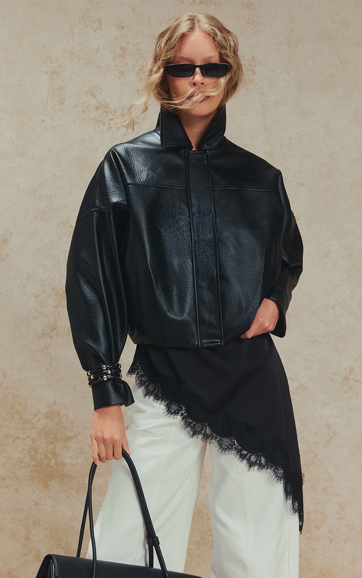 Black Faux Leather Covered Placket Bomber Jacket image 1