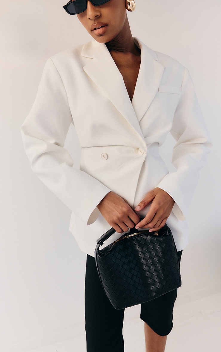 White Linen Look Tailored Cinched Waist Blazer image 4