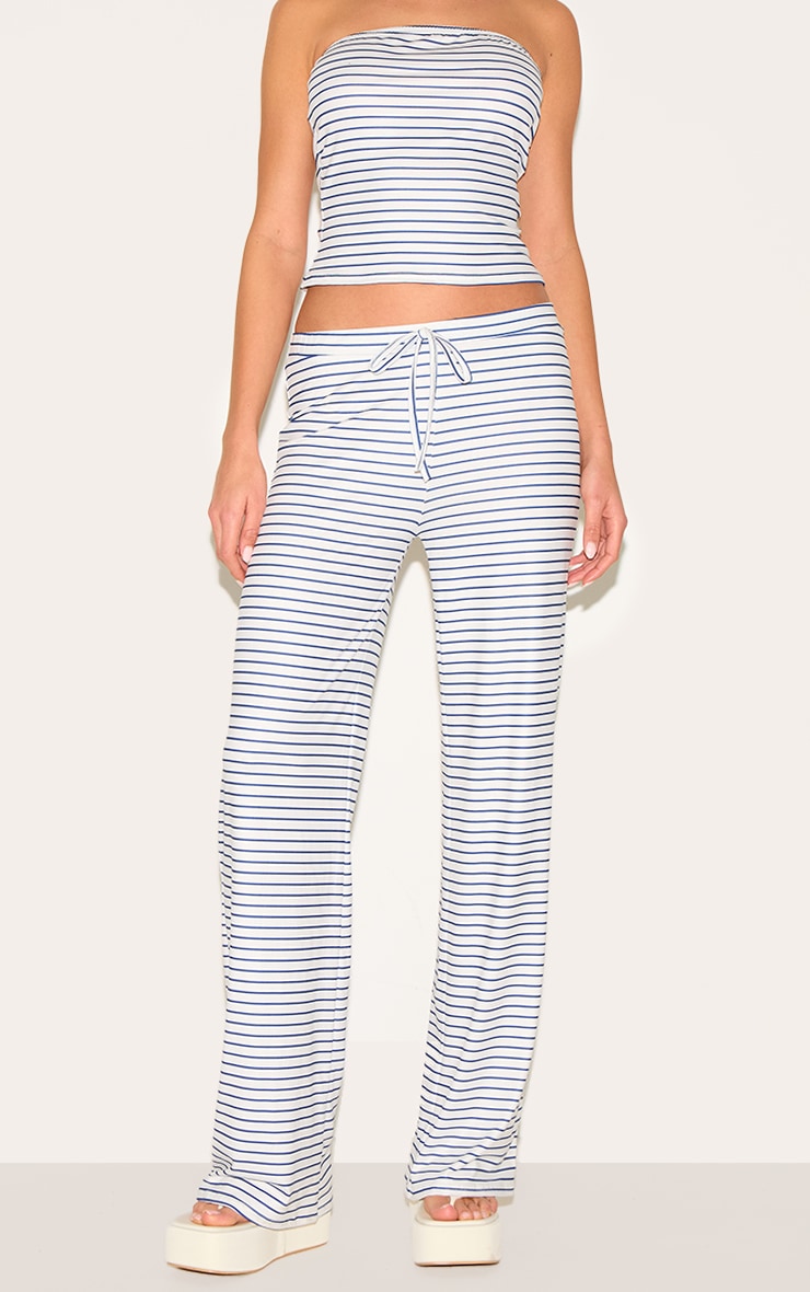 Blue Soft Touch Striped Mid Rise Wide Leg Pants image 2