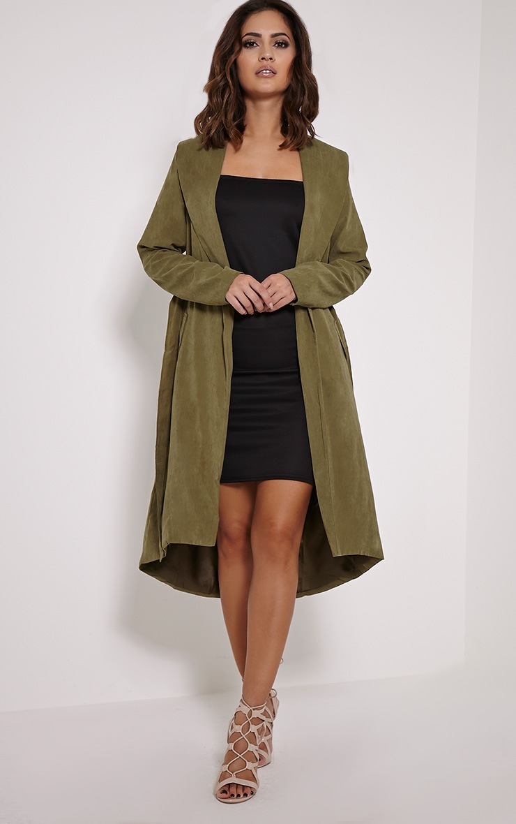 Sukey Khaki Faux Suede Longline Jacket PrettyLittleThing