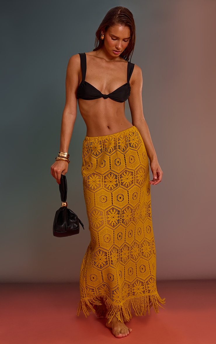 Mustard Crochet Tassel Hem Maxi Beach Maxi Skirt image 1