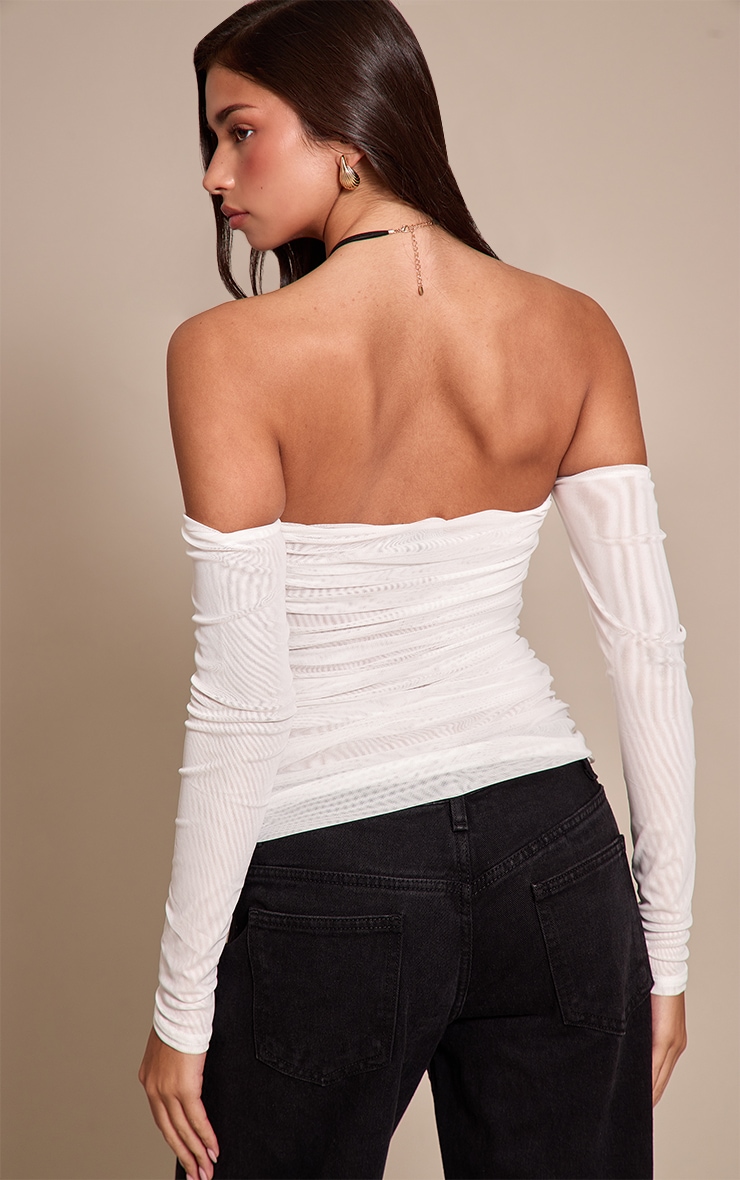 White Double Layer Mesh Ruched Detail Long Sleeve Bardot  image 2