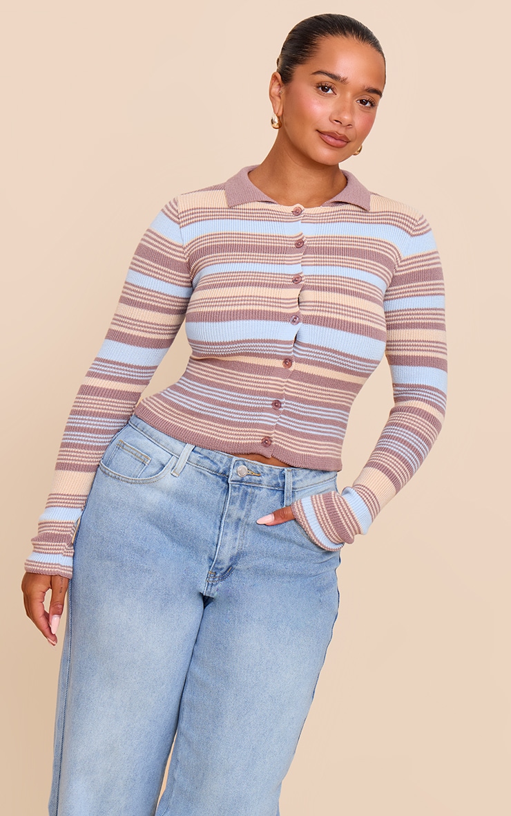 Shape Mocha Knitted Stripe Button Front Cardigan image 1