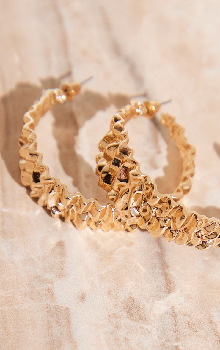 Gold Abstract Hammered Hoop Earrings image 2