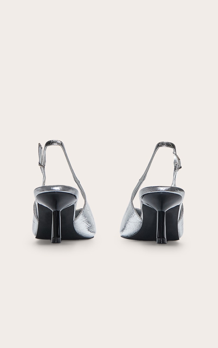 Silver PU Pointed Toe Contrast Heel Sling Back image 4
