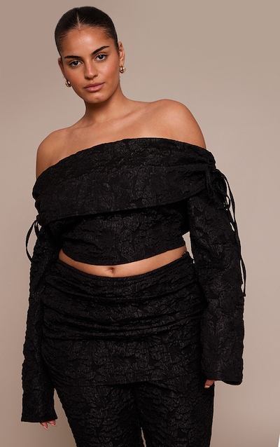 Plus Black Floral Jacquard Bardot Top