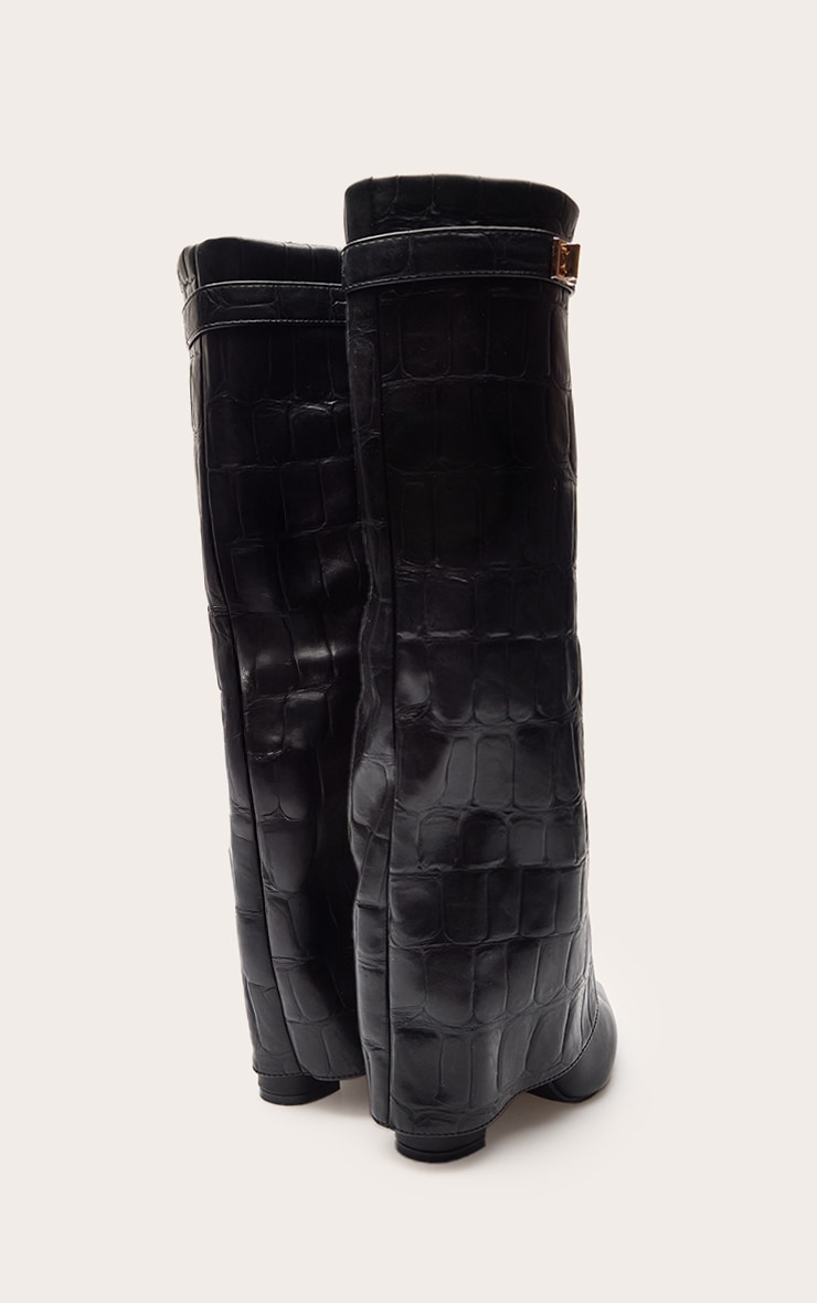 Black Croc Faux Leather Block Heel Foldover Knee High Boots image 4