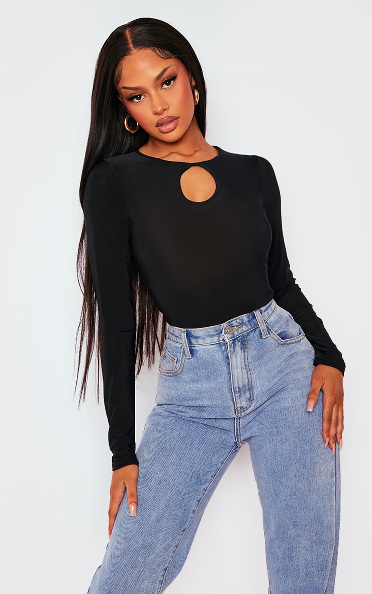 Black Slinky Long Sleeve Cut Out Bodysuit PrettyLittleThing
