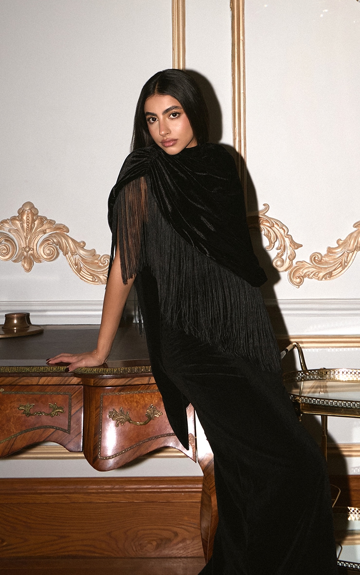 Black Velvet Cape Tassel Hem Long Top image 1