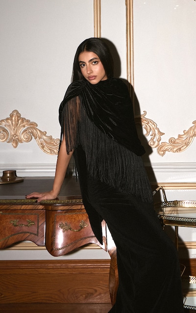 Black Velvet Cape Tassel Hem Long Top