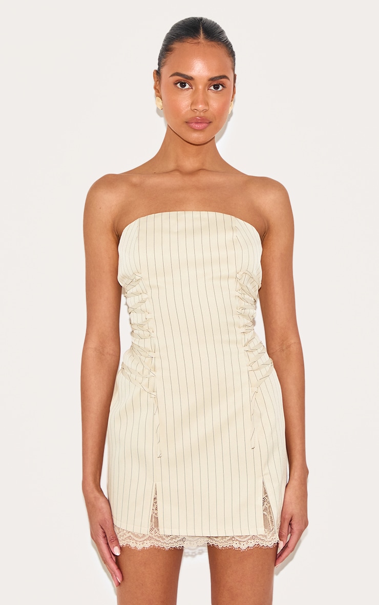 Cream Pinstripe Bandeau Lace Trim Shift Dress image 1